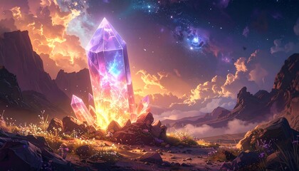 A Majestic Crystal in a Cosmic Landscape with Nebulae and Mountains