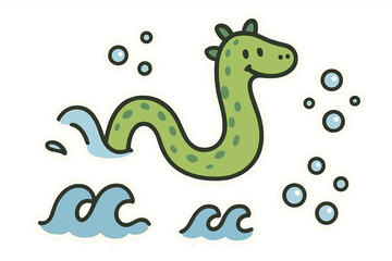 Playful Sea Serpent. Playful doodle stickers: happy sea serpent, tiny waves and bubbles waving, simplified doodle forms, white