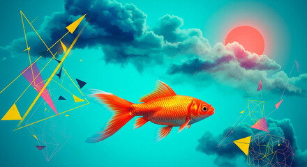 Surreal Goldfish with Abstract Clouds and Sunset Background