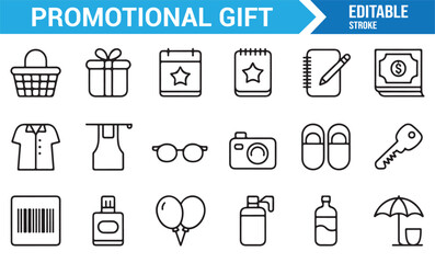 Promotional gift outline icons set for business, branding, and advertising design