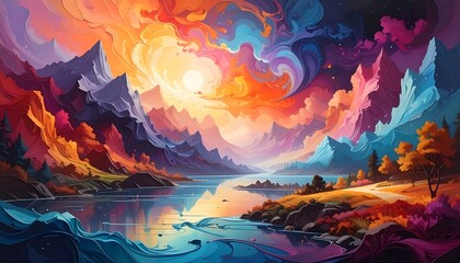 Abstract Colorful Landscape with Mountains, Lake, Clouds, and Vibrant Colors