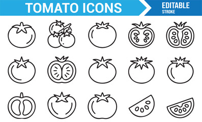 Tomato line art icons pack with slices, seeds, and whole fruit illustrations