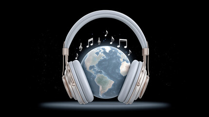 Earth globe with headphones and musical notes on black background  