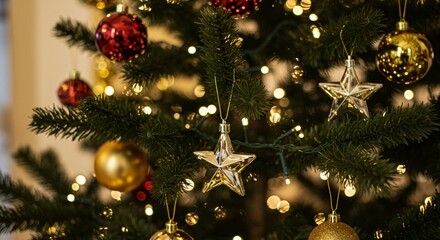 Close-up of the decorated Christmas tree