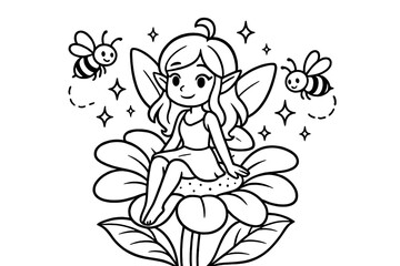 Obraz premium Fairy on Flower. Fairy garden coloring page: fairy sitting on flower petal, bees buzzing nearby, sparkles around, black and white
