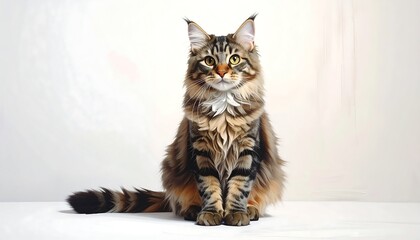 A Majestic Maine Coon Cat Sitting Gracefully Against a White Background