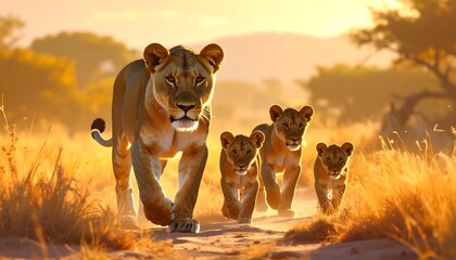 A pride of lions walking towards the camera in golden sunlight