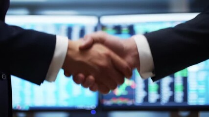 Business handshake in front of stock market data on monitors - Powered by Adobe