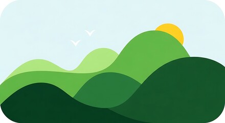 Fototapeta premium Minimalist Green Hills Landscape with Sunrise and Birds.