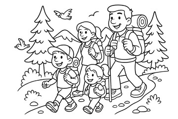 Naklejka premium Family Mountain Hike. Camping coloring page: family hiking up mountain trail with backpacks, trees and birds around, black and