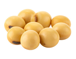 Close-up of several round, light yellow soybeans