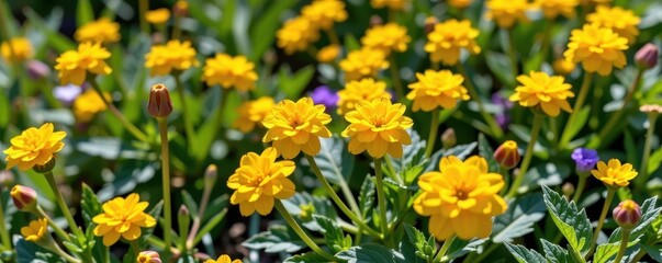 Vibrant yellow clusters of Primula veris blossoms in a sun-drenched meadow, showcasing delicate petals and bright green foliage, petals, Primula veris, herbaceous