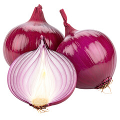 Three vibrant red onions, one sliced in half, displayed against a dark background