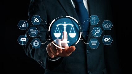 Futuristic digital law interface displaying justice scale, highlighting digital law, AI compliance, digital law systems, and digital law regulations for secure governance. Elide