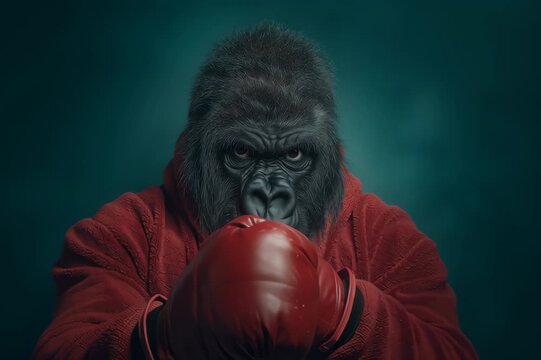 serious looking boxer gorilla in red training outfit and red boxing gloves