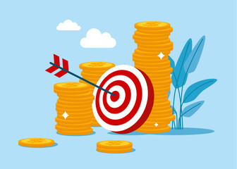 Target with arrow and pile of dollar coins. Begin savings to achieve financial goal, power of compound interest, collecting wealth. Vector flat illustration