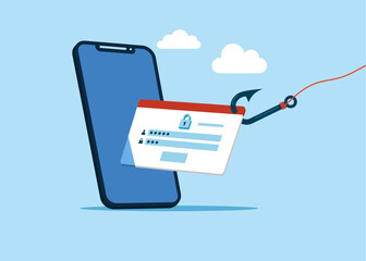 Login account attached to large hook. Online Information Hacking. Mobile phone screen with Blocked Account on Screen. Hacking and exploit results. Vector flat Illustration.