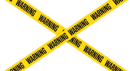 Transparent background, isolated, warning sign, cross symbol created with yellow-black striped tape. Ideal for themes of danger, restriction, crime scene, and prohibition, png.