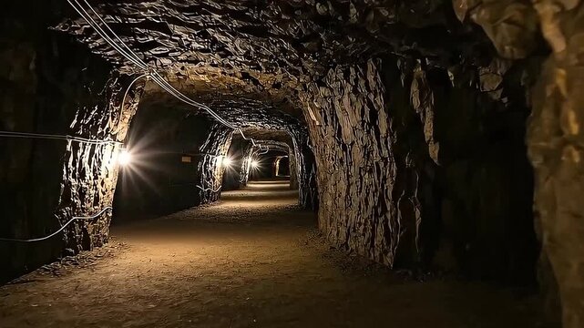Illuminated Dark Tunnel with Rough Rock Walls in Bochum Germany With Light Streaks and a Slightly Downward Perspective