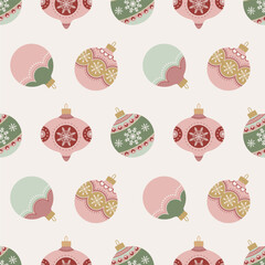 Seamless vector pattern with pastel pink, green and gold Christmas baubles and snowflakes.