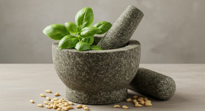 Gray stone mortar pestle with fresh basil