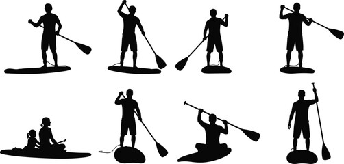 Silhouette people paddle boarding, stand up paddling, outdoor adventure, water sport, kayaking activity, ocean lifestyle, summer recreation, surfing fun, leisure exercise