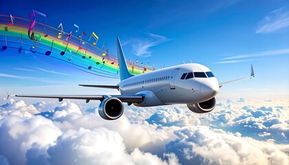 Airplane Flying Through Sky with Music Notes Above Clouds