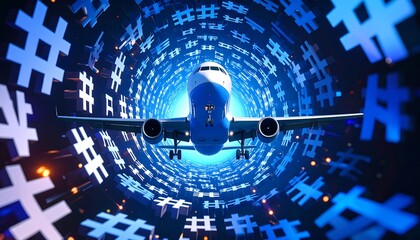 Airplane Flying Through Tunnel of Symbols with Blue Light