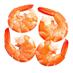 Four cooked shrimp arranged in a circular pattern, isolated on black.  They are a vibrant reddish-orange color, and their tails and heads are visible