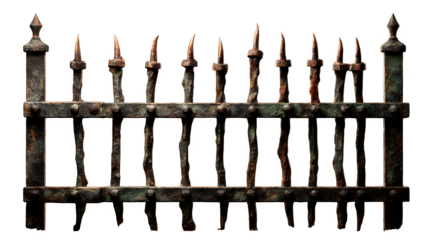 Aged wrought iron fence section with sharp spikes and weathered patina, evoking historical security and gothic charm for design projects.. Perfect for Halloween Designs