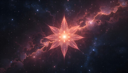 Glowing star with eight points shines in a dark and cloudy space scene