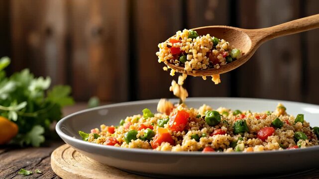 Delicious couscous salad being served in rustic kitchen  
