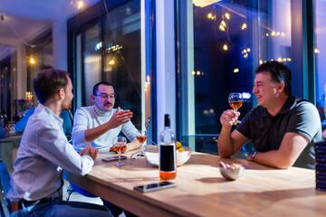 Friends enjoying a social evening at home with wine and conversation