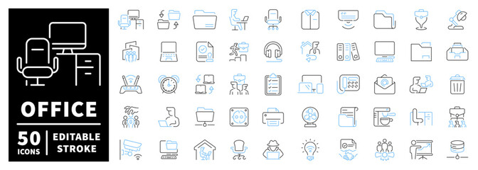 Office icons set. editable line icons for workspace and business essentials