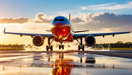 Airplane Landing on Wet Runway at Sunset with Water Spray