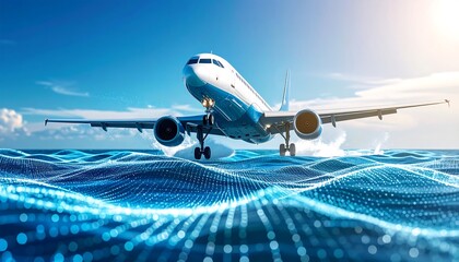 Airplane Landing on Water with Dramatic Sky and Beautiful Scene