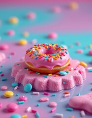 Sweet pink donut with rainbow sprinkles sits on a sugary island in a candy-colored sea, sugary, illustration