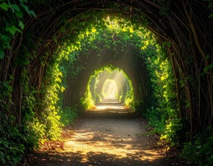 Sunlit Tunnel of Lush Green Ivy Arches Over a Mystical Forest Road


