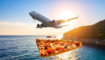 Airplane Taking Off Over Ocean with Pizza Slice During Sunset