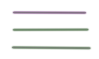 Three horizontal neon lines of purple green and white on black background