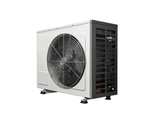 White outdoor air conditioning unit, rectangular, with a large fan