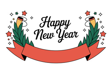 A happy new year design with a banner, stars, and party horns on a white background