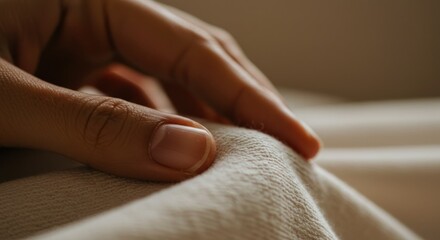 Hands touching fabric close up