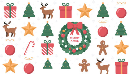 Fototapeta premium Festive Christmas elements pattern with gift boxes deer and gingerbread men