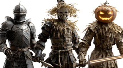 Fearsome trio of Halloween characters a grim knight a skeletal scarecrow and a glowing pumpkin man holding swords ready for battle. Perfect for Halloween Designs