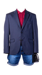 Dark navy blazer, burgundy polo, denim shorts, and shoes