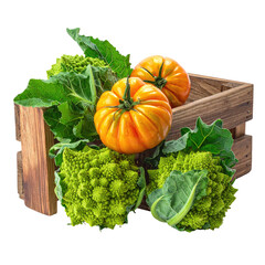 Wooden crate filled with fresh produce, including vibrant orange tomatoes and bright green Romanesco broccoli, surrounded by fresh green leaves