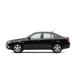 Fototapeta premium Black sedan car parked on white background 