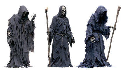 Three ominous figures in tattered hooded robes with skeletal hands poised for dramatic effect, embodying mystery and the supernatural.. Perfect for Halloween Designs
