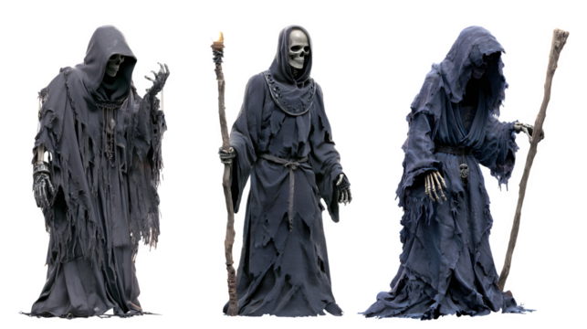 Three ominous figures in tattered hooded robes with skeletal hands poised for dramatic effect, embodying mystery and the supernatural.. Perfect for Halloween Designs